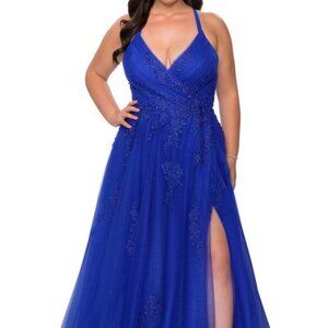 La Femme Curve Royal Blue Embroidered & Beaded Tulle Ballgown